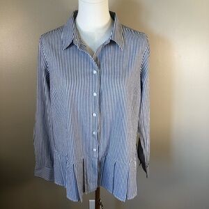 Crown & Ivy Navy and White Striped Long Sleeve Pleated Hem Top Size S